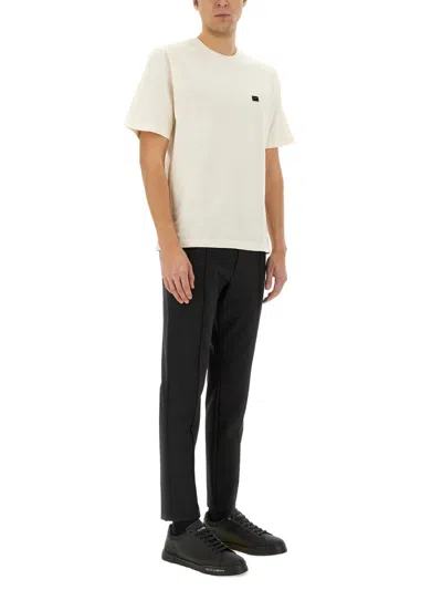 Dolce & Gabbana White T-shirt With Crew Neck And Applied Logo Plate On The Chest In Cotton Man In Cream