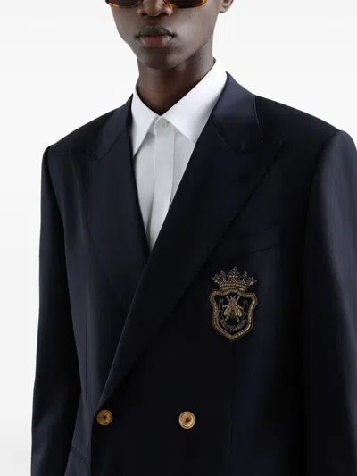 Dolce & Gabbana Men Double-breasted Wool Jacket With Patch In Blue
