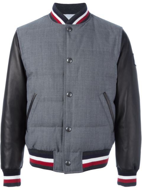 Moncler Gamme Bleu Grey Leather Sleeve Bomber Jacket Modesens