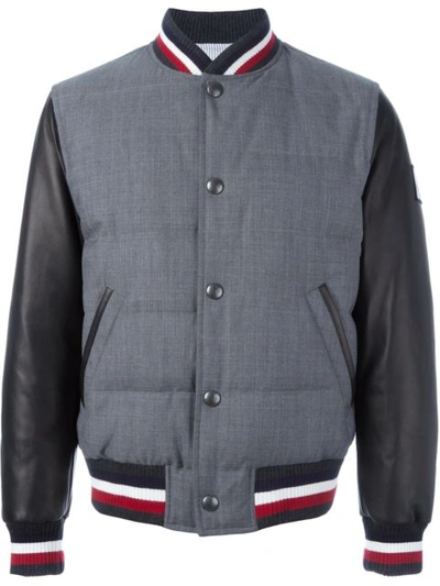 Moncler Grey Leather Sleeve Bomber Jacket | ModeSens