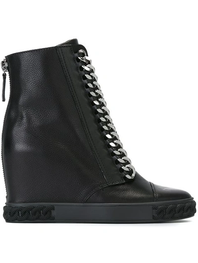 Casadei 80mm Chained Leather Wedge Sneakers In Black