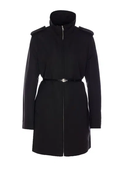 Gucci Belted Waist Nylon Faille Coat With Epaulettes In Black