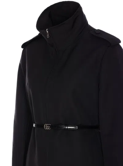 Gucci Belted Waist Nylon Faille Coat With Epaulettes In Black