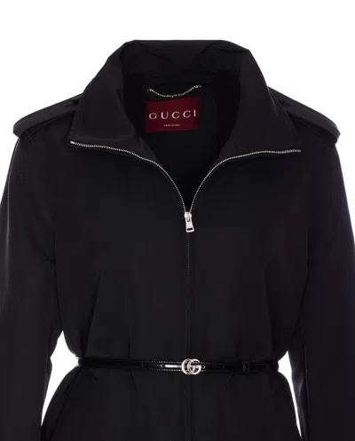 Gucci Belted Waist Nylon Faille Coat With Epaulettes In Black