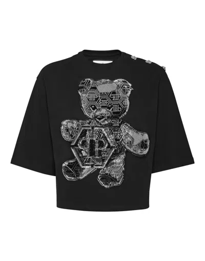 Philipp Plein Cropped Round Neck T-shirt 3d Teddy In Black