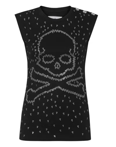 Philipp Plein Tank Top Strass Skull & Bones In Black
