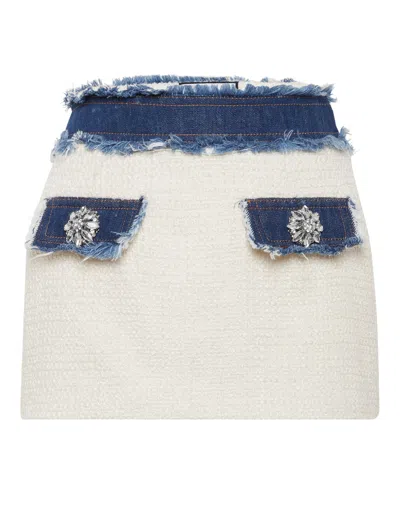 Philipp Plein Denim-trimmed Tweed Miniskirt In White