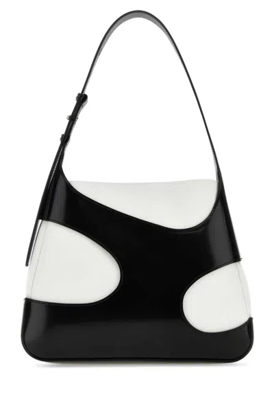 Ferragamo Two-tone Leather And Canvas Cut Out L Shoulder Bag In Blackowhite