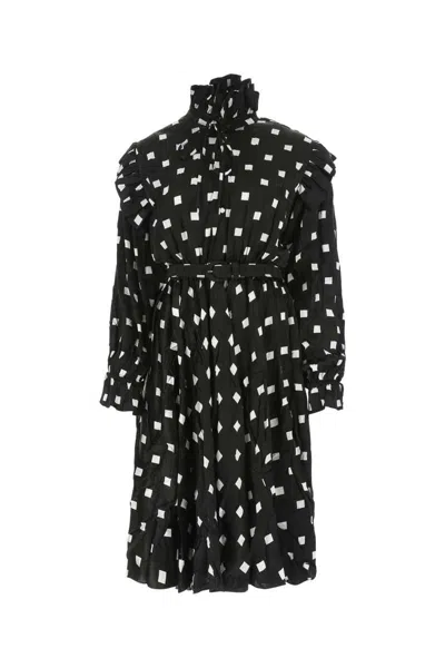 Balenciaga Black Ruffle Spot Print Midi Dress In 1070