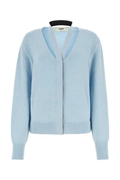 Fendi Light-blue Wool Blend Cardigan With Deep V Neckline In Blue