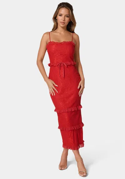 Bebe Lace Maxi With Ruffle Dress In Red