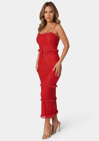 Bebe Lace Maxi With Ruffle Dress In Red