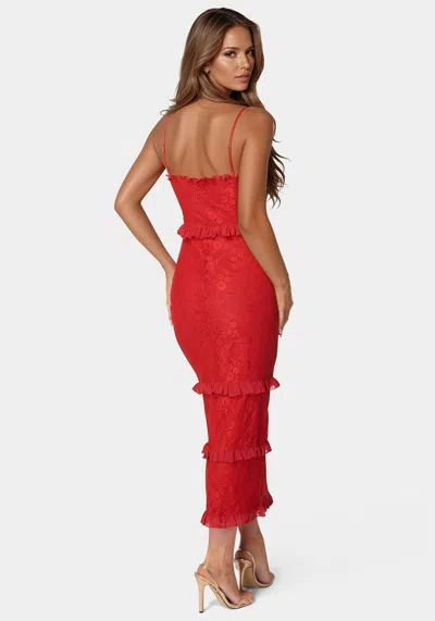 Bebe Lace Maxi With Ruffle Dress In Red