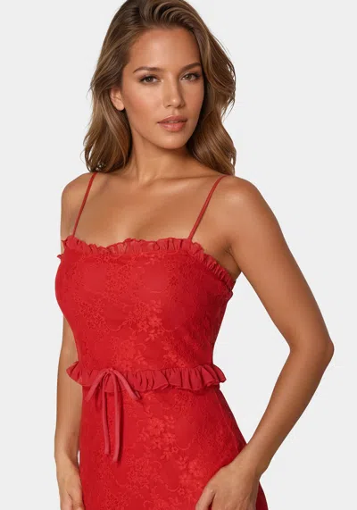 Bebe Lace Maxi With Ruffle Dress In Red