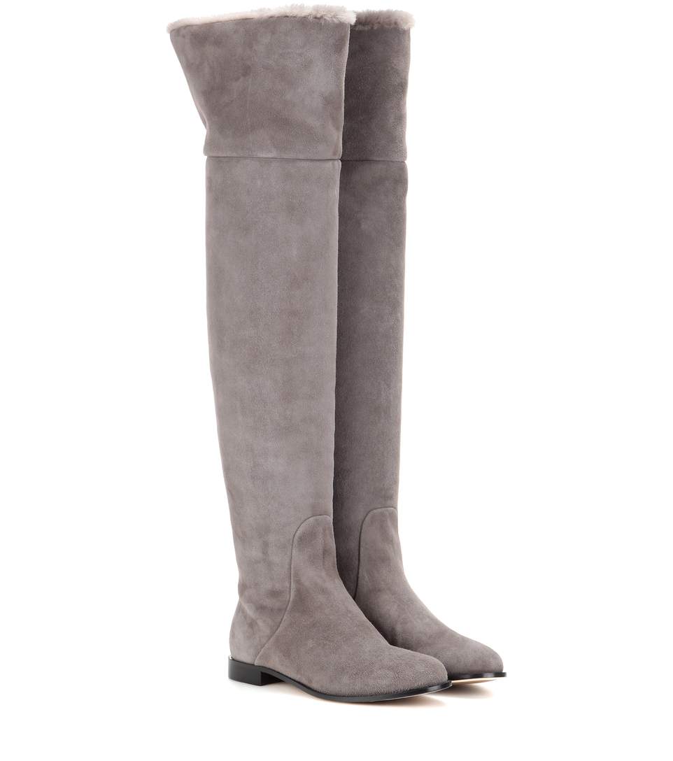 grey suede over the knee flat boots