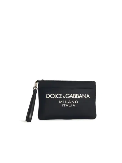 Dolce & Gabbana Black Pouch With Contrasting Rubberized Logo In Nylon