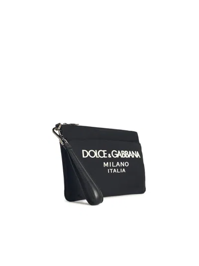 Dolce & Gabbana Black Pouch With Contrasting Rubberized Logo In Nylon