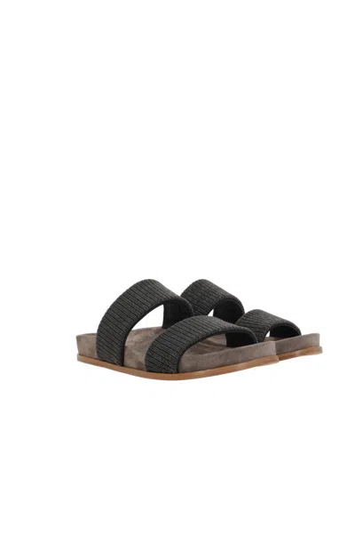 Brunello Cucinelli Grey Sandals With Monile Decoration And Round Open Toe In Suede And Cotton Woman In Gray