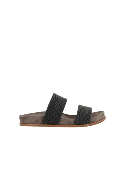 Brunello Cucinelli Grey Sandals With Monile Decoration And Round Open Toe In Suede And Cotton Woman In Gray