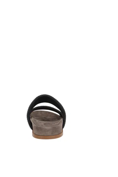 Brunello Cucinelli Grey Sandals With Monile Decoration And Round Open Toe In Suede And Cotton Woman In Gray