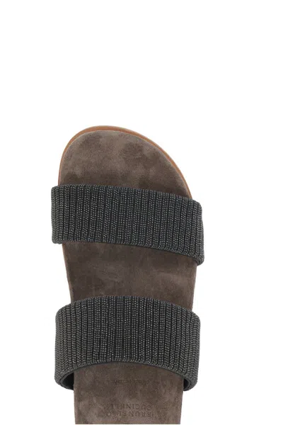 Brunello Cucinelli Grey Sandals With Monile Decoration And Round Open Toe In Suede And Cotton Woman In Gray