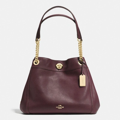 Coach Turnlock Edie Shoulder Bag In Polished Pebble Leather In : Dark Gunmetal/burgundy