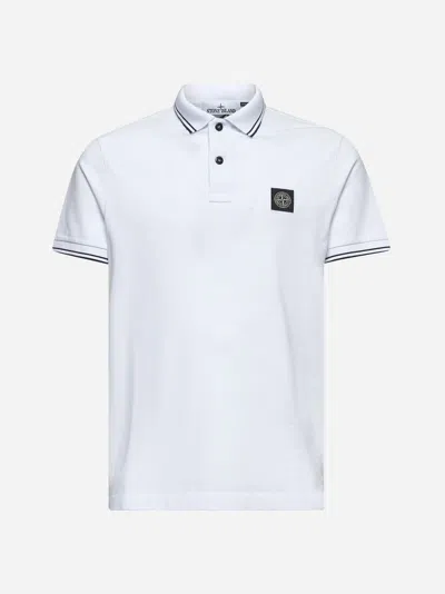 Stone Island Contrasting Trim Logo Patch Cotton Blend Polo Shirt In White