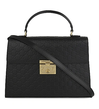 Shop Gucci Embossed Leather Signature Padlock Tote In Black