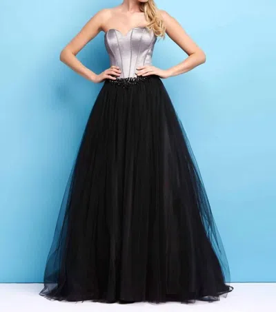 Mac Duggal Corset Gown In Black/platinum In Multi