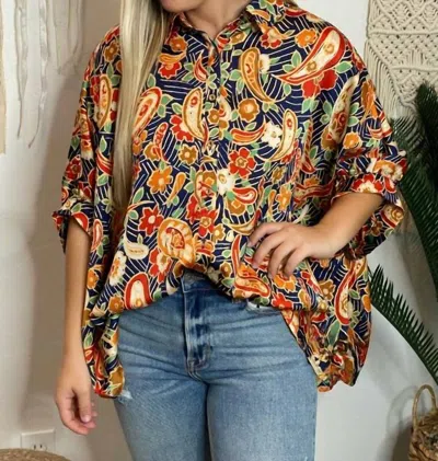 EESOME PAISLEY SATIN OVERSIZED BLOUSE IN NAVY AND ORANGE 