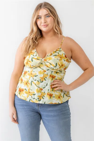 FASHNZFAB PLUS FLORAL PRINT WOVEN RUFFLE SLEEVELESS BACK ZIPPER TANK TOP 