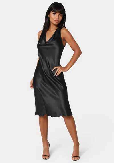 Bebe Drape Front Sleeveless Satin Midi Dress In Black