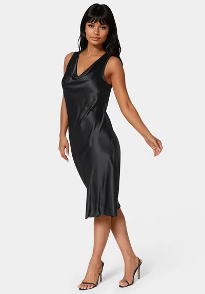Bebe Drape Front Sleeveless Satin Midi Dress In Black