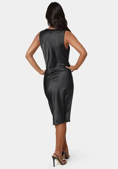 Bebe Drape Front Sleeveless Satin Midi Dress In Black