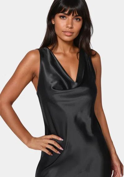 Bebe Drape Front Sleeveless Satin Midi Dress In Black