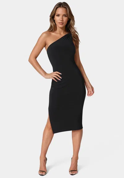 Bebe Jersey One Shoulder Midi With Gold Trim In Black