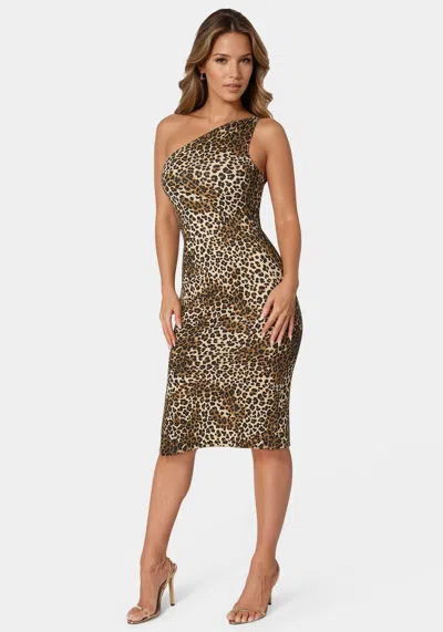 Bebe One Shoulder Midi With Gold Trim In Cheetah