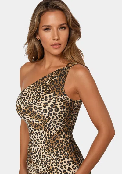 Bebe One Shoulder Midi With Gold Trim In Cheetah