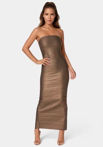 Bebe Bandage Strapless Foil Maxi Dress In Mocha