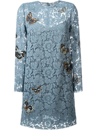 Shop Valentino 'japanese Butterfly' Embroidered Heavy Lace Dress - Blue