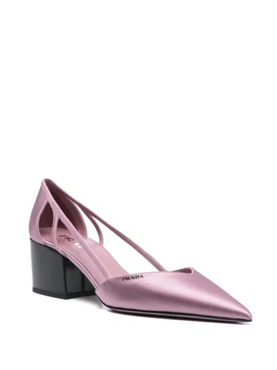 Prada Satin Finish Low Block Heel Pumps In White