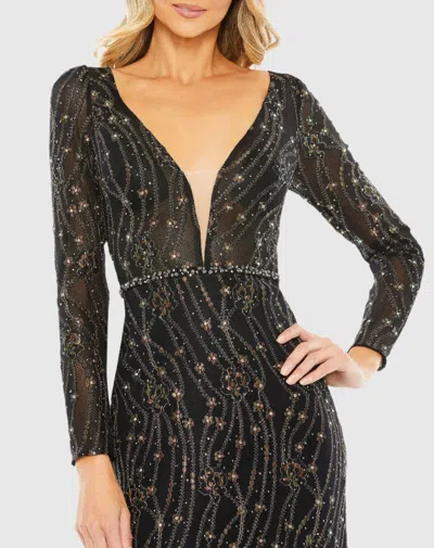 Mac Duggal Black Embellished Long Sleeve Plunge Trumpet Gown In Black Multi