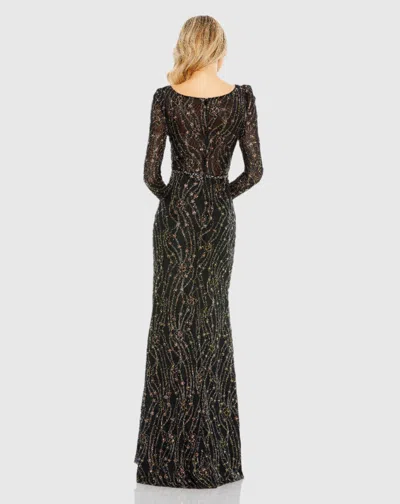Mac Duggal Black Embellished Long Sleeve Plunge Trumpet Gown In Black Multi