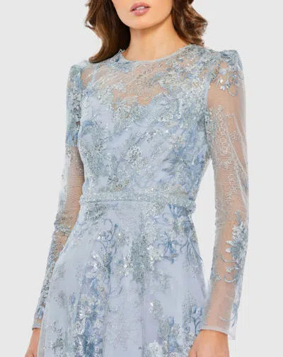 Mac Duggal Blue Embellished Illusion Long Sleeve Midi Dress In Powder Blue