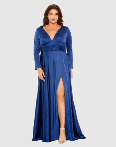 Mac Duggal Blue Quarter Sleeve V Neck A Line Gown In Midnight