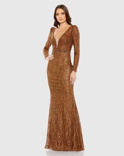 Mac Duggal Embellished Long Sleeve Plunge Trumpet Gown In Bronze In Brown