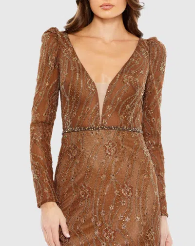 Mac Duggal Embellished Long Sleeve Plunge Trumpet Gown In Bronze In Brown