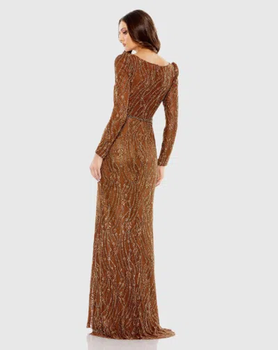 Mac Duggal Embellished Long Sleeve Plunge Trumpet Gown In Bronze In Brown