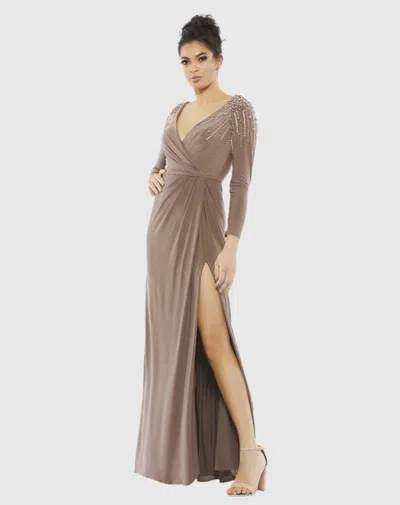 Mac Duggal Long Sleeve Faux Wrap Jersey Gown In Mocha