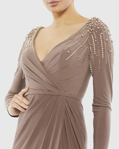 Mac Duggal Long Sleeve Faux Wrap Jersey Gown In Mocha